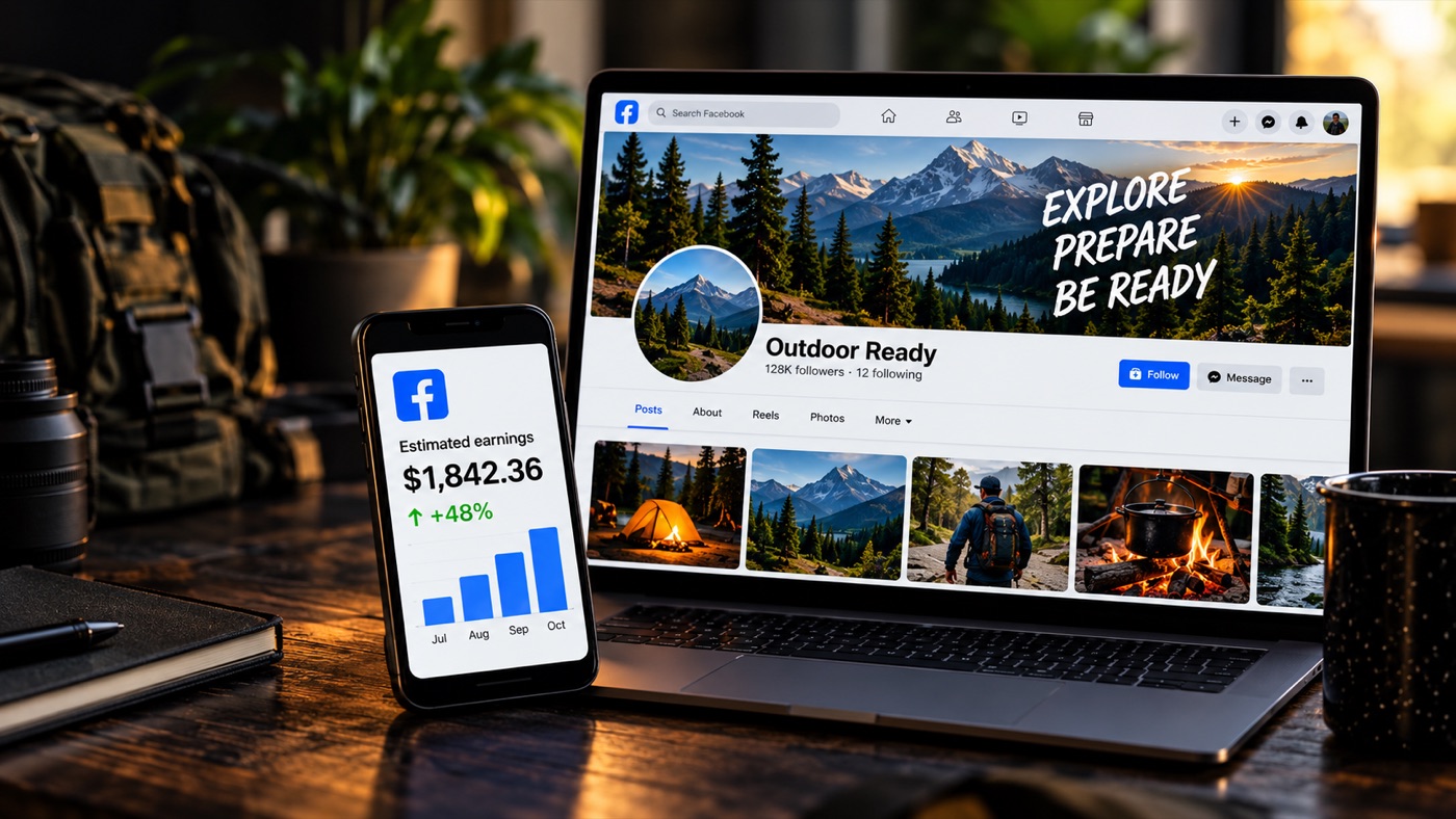 Illustration of a niche outdoor Facebook page on a laptop beside a phone showing an estimated earnings view