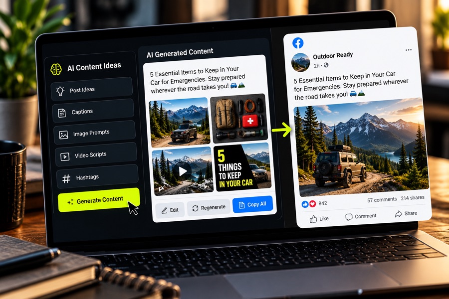 An AI content tool drafting a post next to the finished post on a Facebook page
