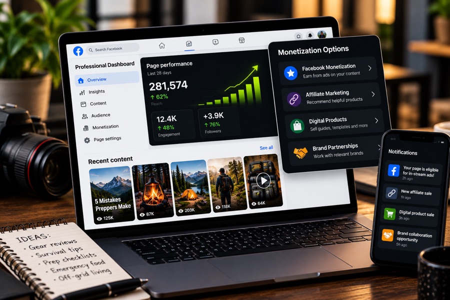 A Facebook professional dashboard beside a panel listing monetization options