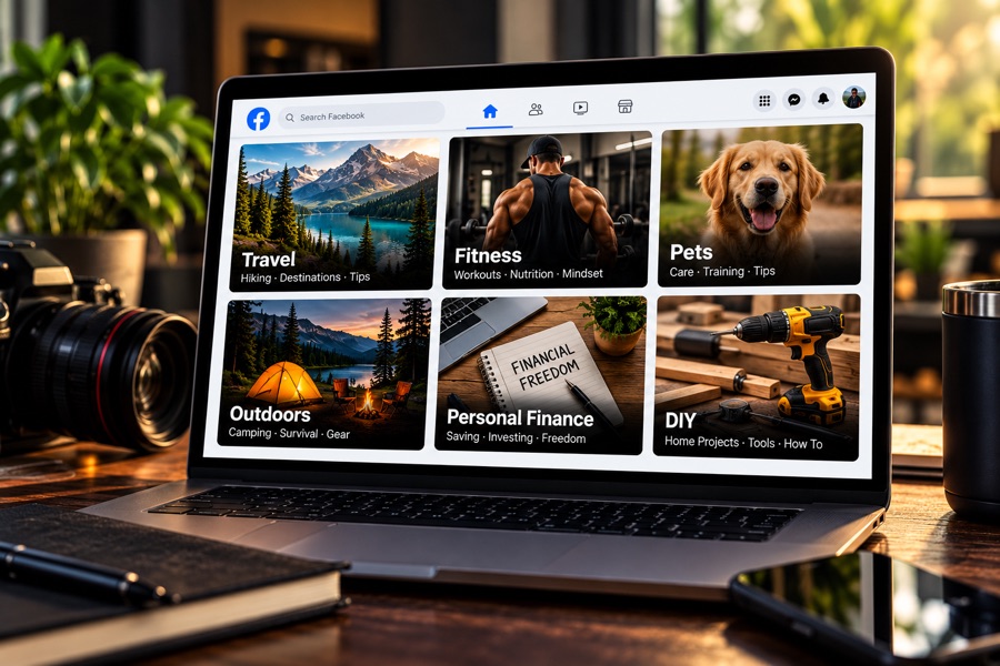 A laptop showing niche categories: travel, fitness, pets, outdoors, personal finance, and DIY