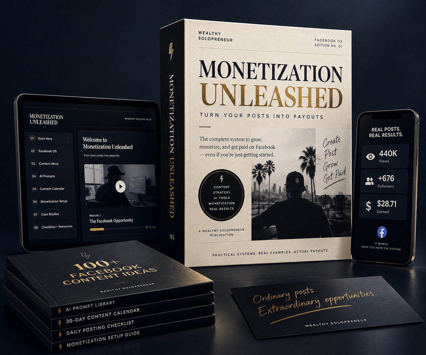 The Monetization Unleashed kit: box set, the course on a tablet, post results on a phone, and the supporting guides
